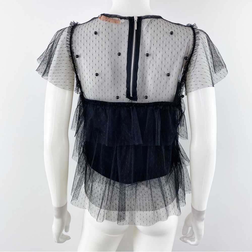 Zara Women's Black Sheer Mesh Lace Layered Short Sleeve Ruffle Top Size XS - Picture 5 of 9